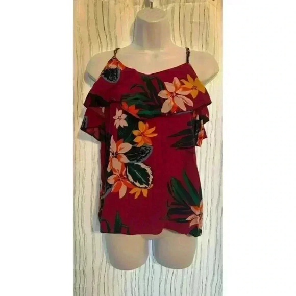 Stylish Preowned Old Navy Tropical Floral Hawaiian‎ Off-the-Shoulder Ruffle Top - Picture 1 of 13